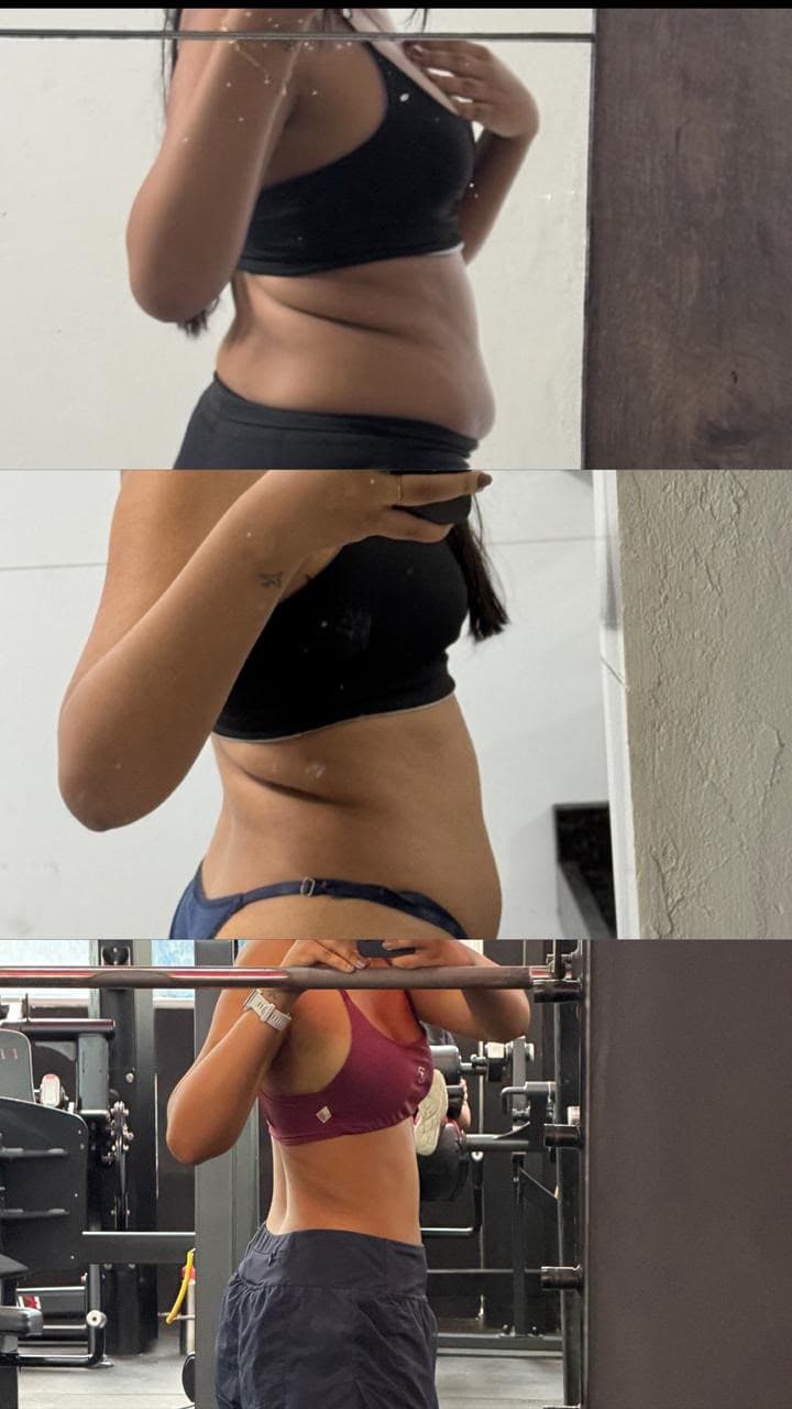 Transformação corporal completa — mesmo outfit, mesma pose